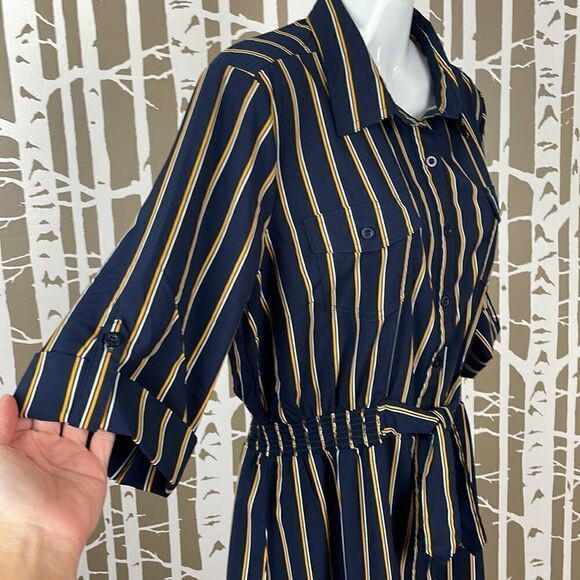 Millenium Navy Blue Mustard Yellow Striped Button Front Shirt Dress sz L - Picture 2 of 7